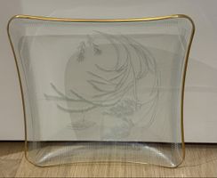 Elegantes Vintage Glas Tablett mit Goldrand und Motiv