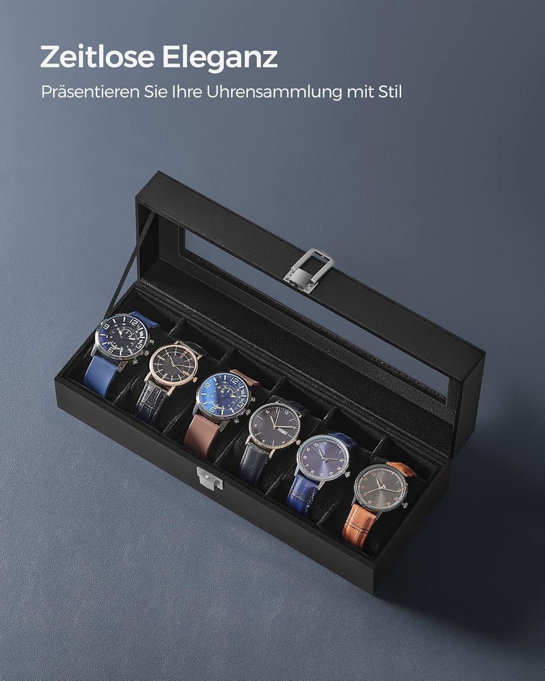 Scatole porta orologi: Uhrenbox schwarz 6 Fächer Glasdeckel elegant Box – Nuovo e nell'imballaggio originale da Wittenbach venduto da SELVARO 4