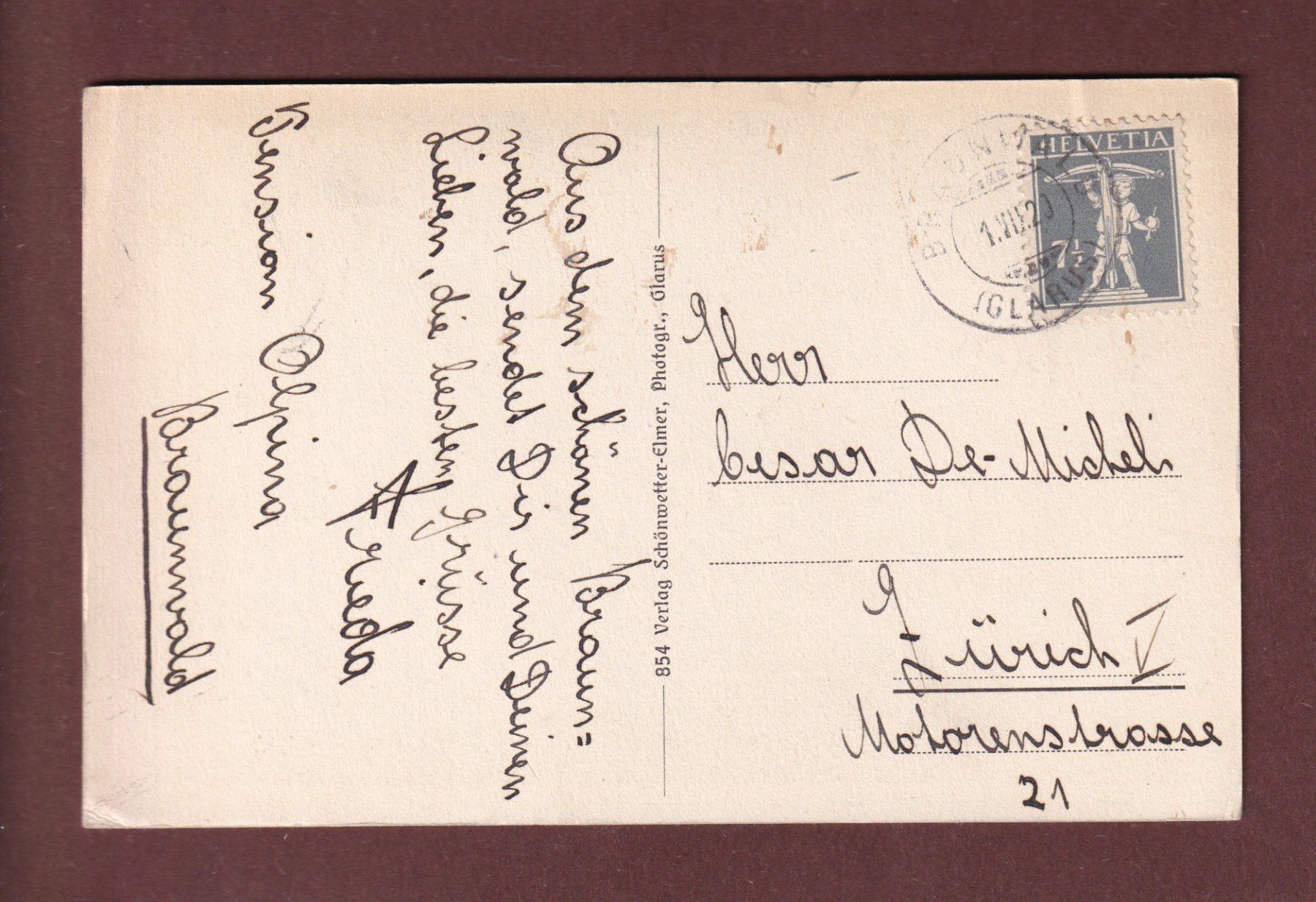 Ansichtskarten: BRAUNWALD - 1920 – Gebraucht aus Pully von nicecards-shop 1