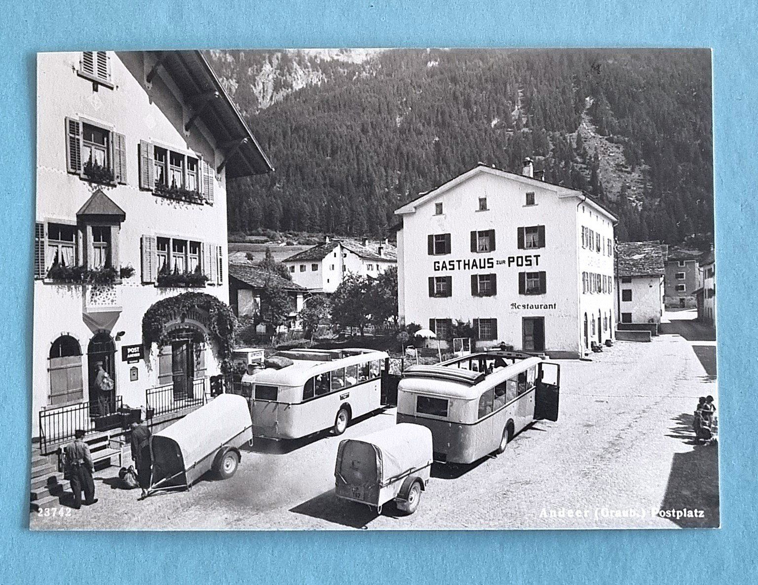 Ansichtskarten: Andeer - Postplatz - Gasthaus Post - Postauto Cabrio – Gebraucht aus Rothrist von RROENK