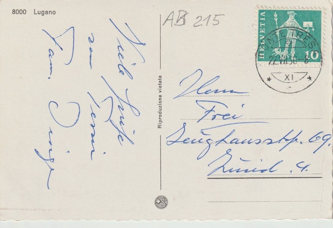 Cartoline postali: AB 215 Lugano, ≈ 1950 – Usato da Freienbach venduto da Bhaltis 1