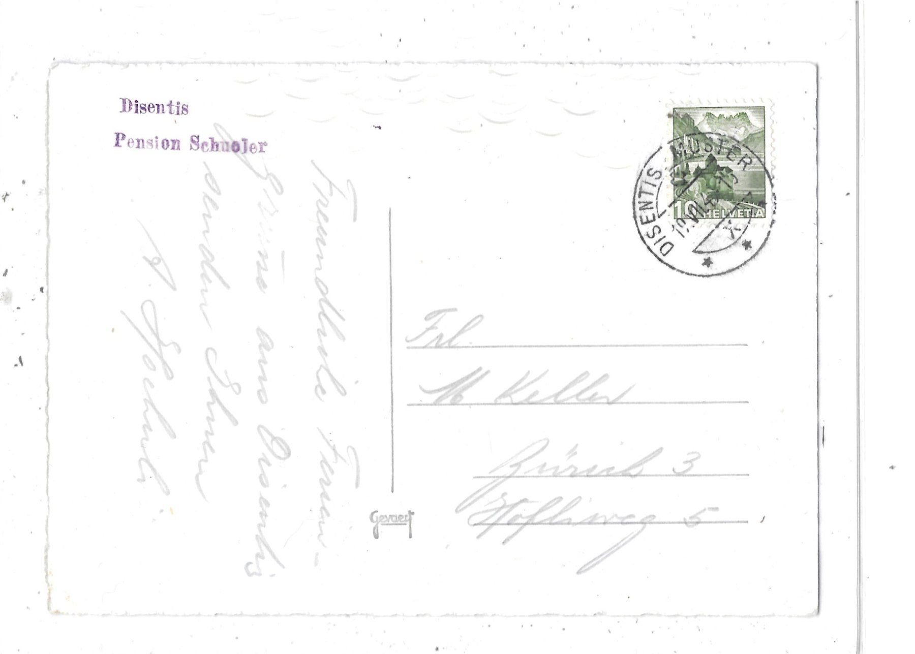 Ansichtskarten: GR Disentis 1949 Pension Schuoler – Gebraucht aus Schocherswil von Wilare 1
