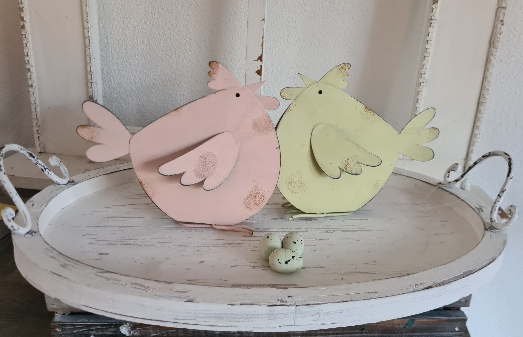 Statuette: Shabby- chic Metallvogel Rosa oder Gelb – Nuovo e nell'imballaggio originale da Böttstein venduto da decodor-angi 2