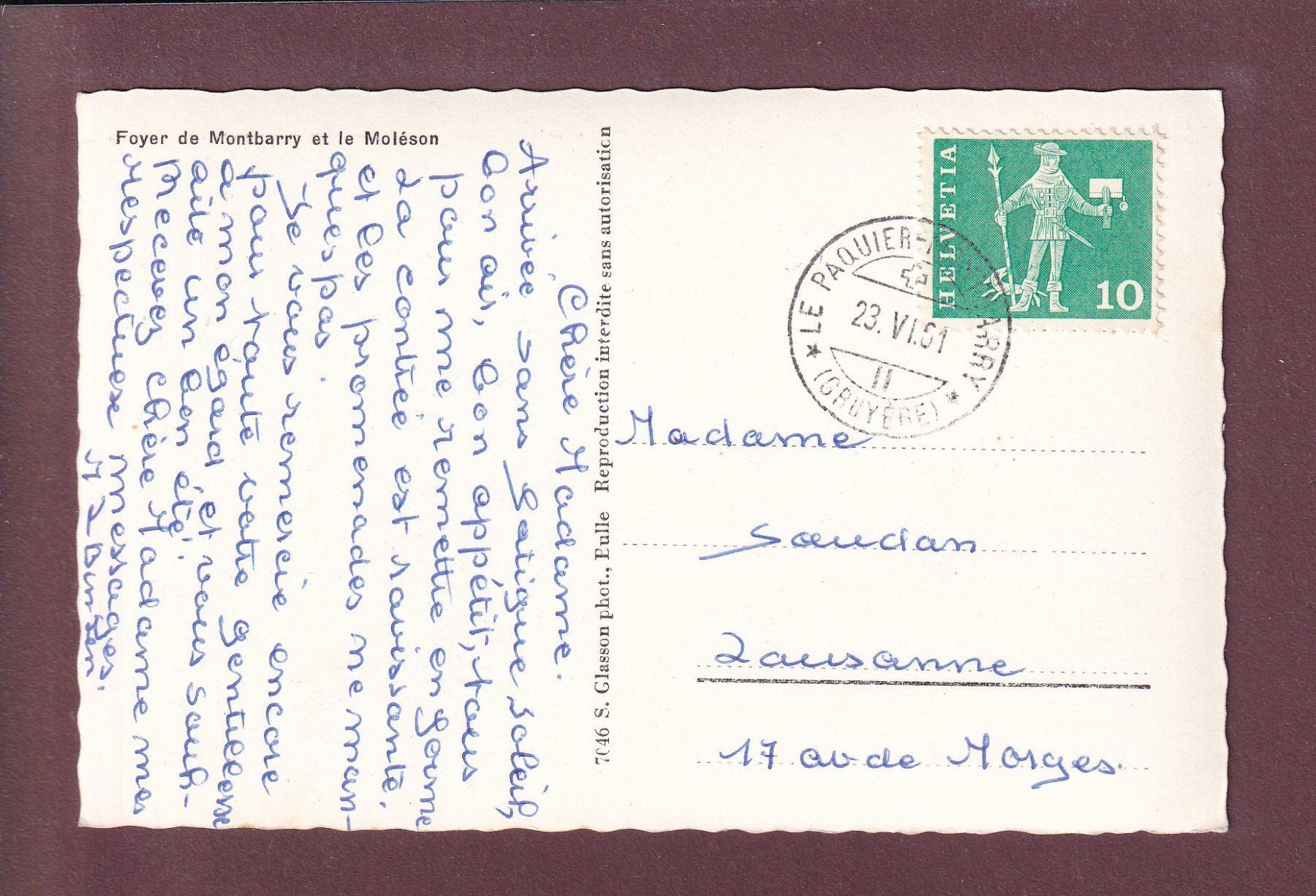 Cartoline postali: Foyer de MONTBARRY - Moléson - 1961 – Usato da Pully venduto da nicecards 1