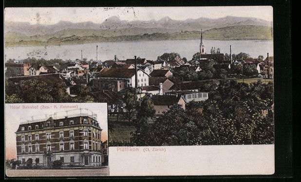 Cartes postales: Pfäffikon, Ortsansicht, Hotel Bahnhof – D'occasion à Berlin par bartko-reher