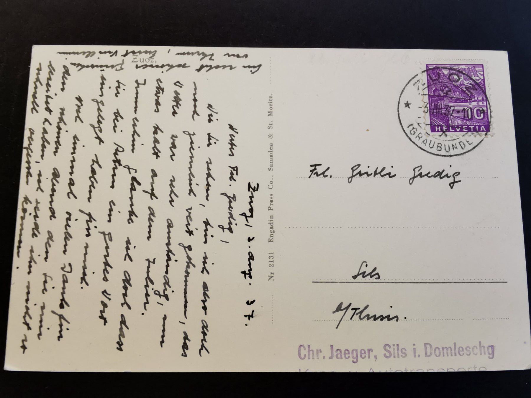 Cartoline postali: Zuoz   Engadin  Ansichtskarte   1937   Dorfplatz  animiert – Usato da Rheineck venduto da kat_7gld 1