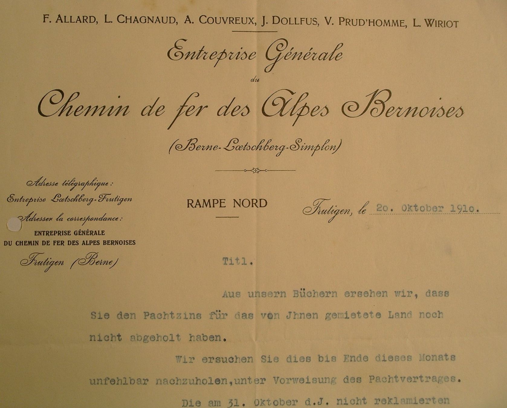 SBB/CFF/FFS Documenti: Frutigen 1910, Brief zu LÖTSCHBERG-SIMPLON-BAHN – Usato da Oberhofen am Thunersee venduto da luuping99 1
