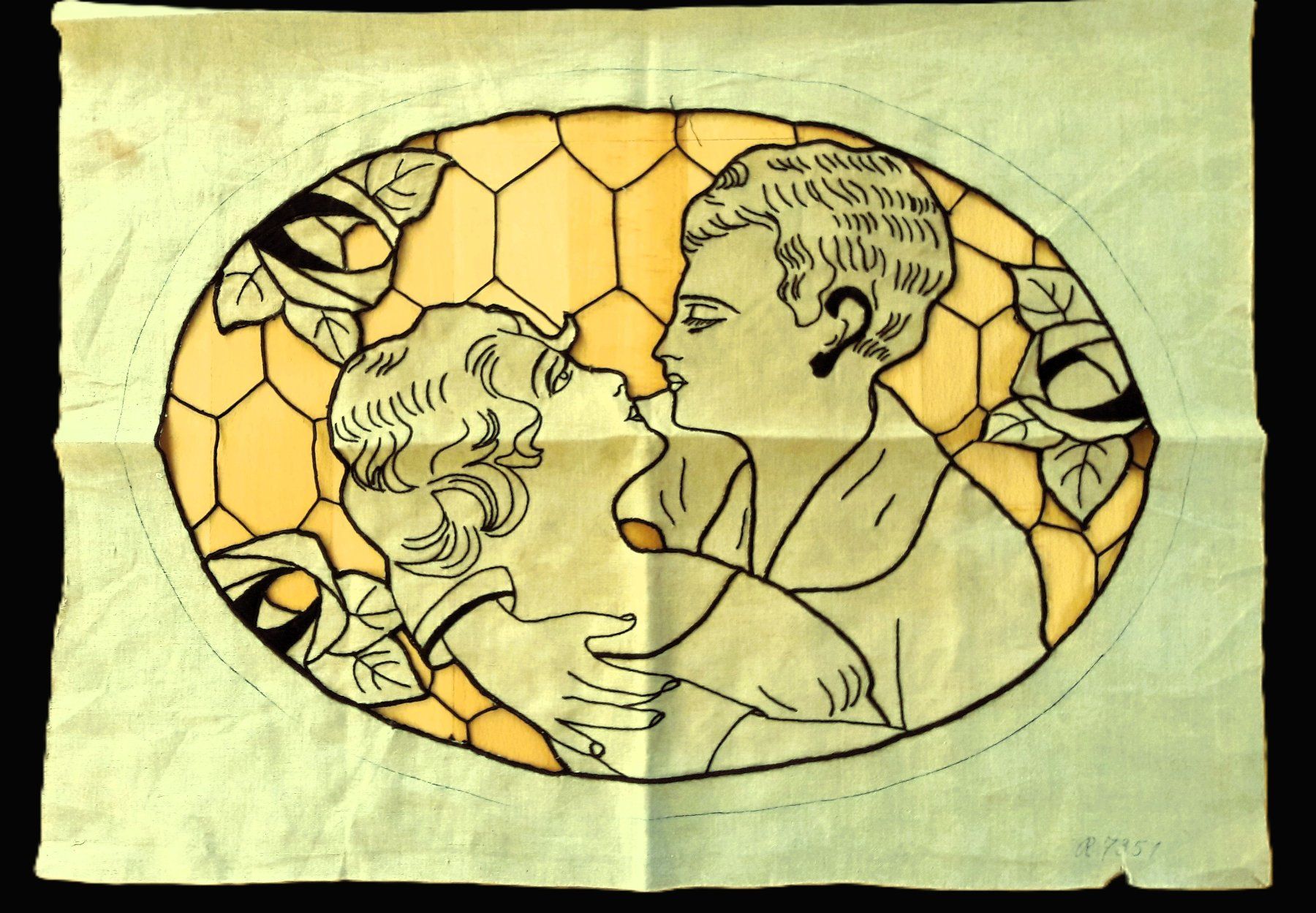 Cuscini: Art Déco housse coussin lin inachevée "Le baiser" – Usato da Tavannes venduto da Nekosumi 1