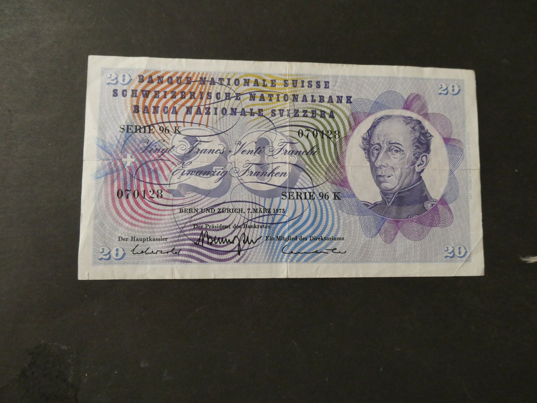 Banknoten: Schweiz 1973, 20 Franken – Gebraucht aus Hinterforst von Rohusri