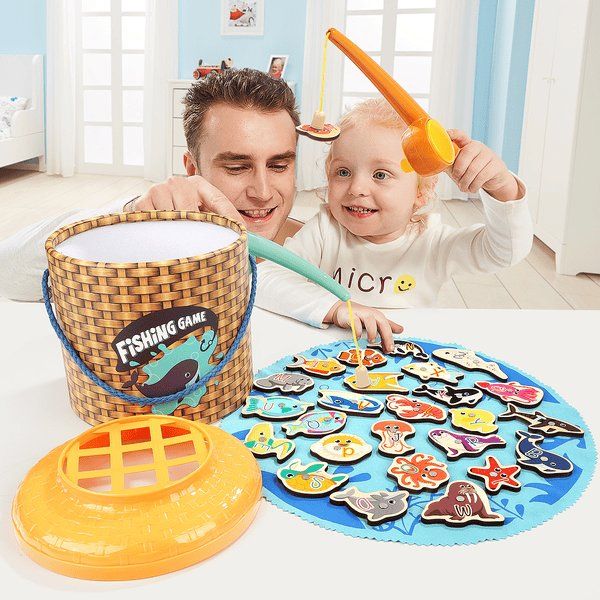 ZLPBAO Magnet-Angelspiel Aus Holz – Lernspielzeug Für Kinder Ab 2 Jahre, Mit 10 Fischen & 2 Angeln