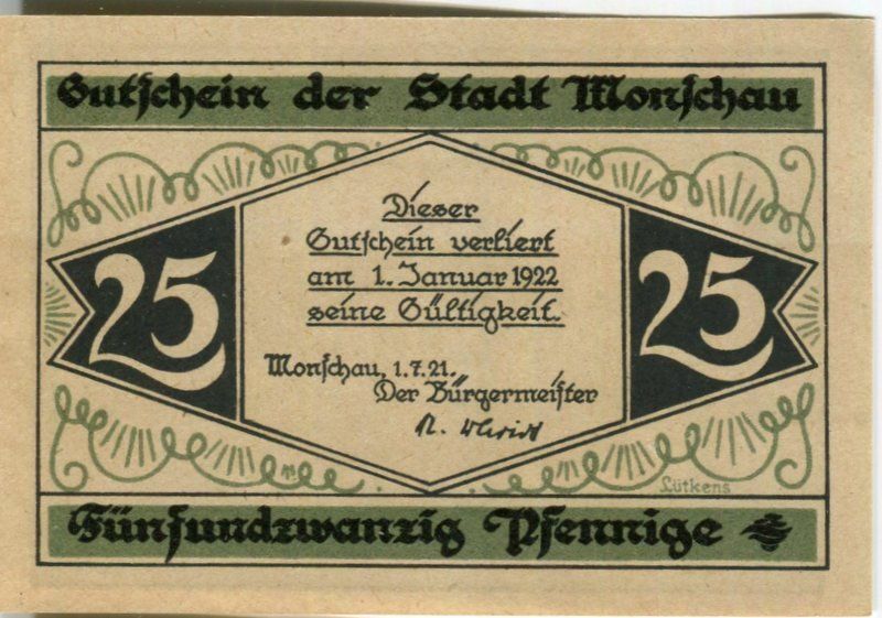 Banconote: Notgeld "25 Pfennig.  Monschau 1921" – Usato da Basel venduto da Butsch5 1