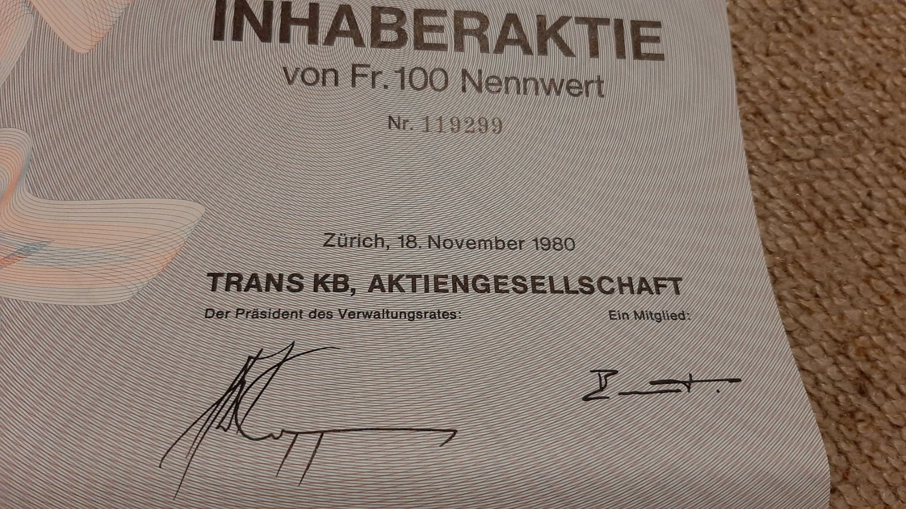 Documenti: Aktie Trans KB, Zuerich – Nuovo (secondo la descrizione) da Porza venduto da ulletta1 2