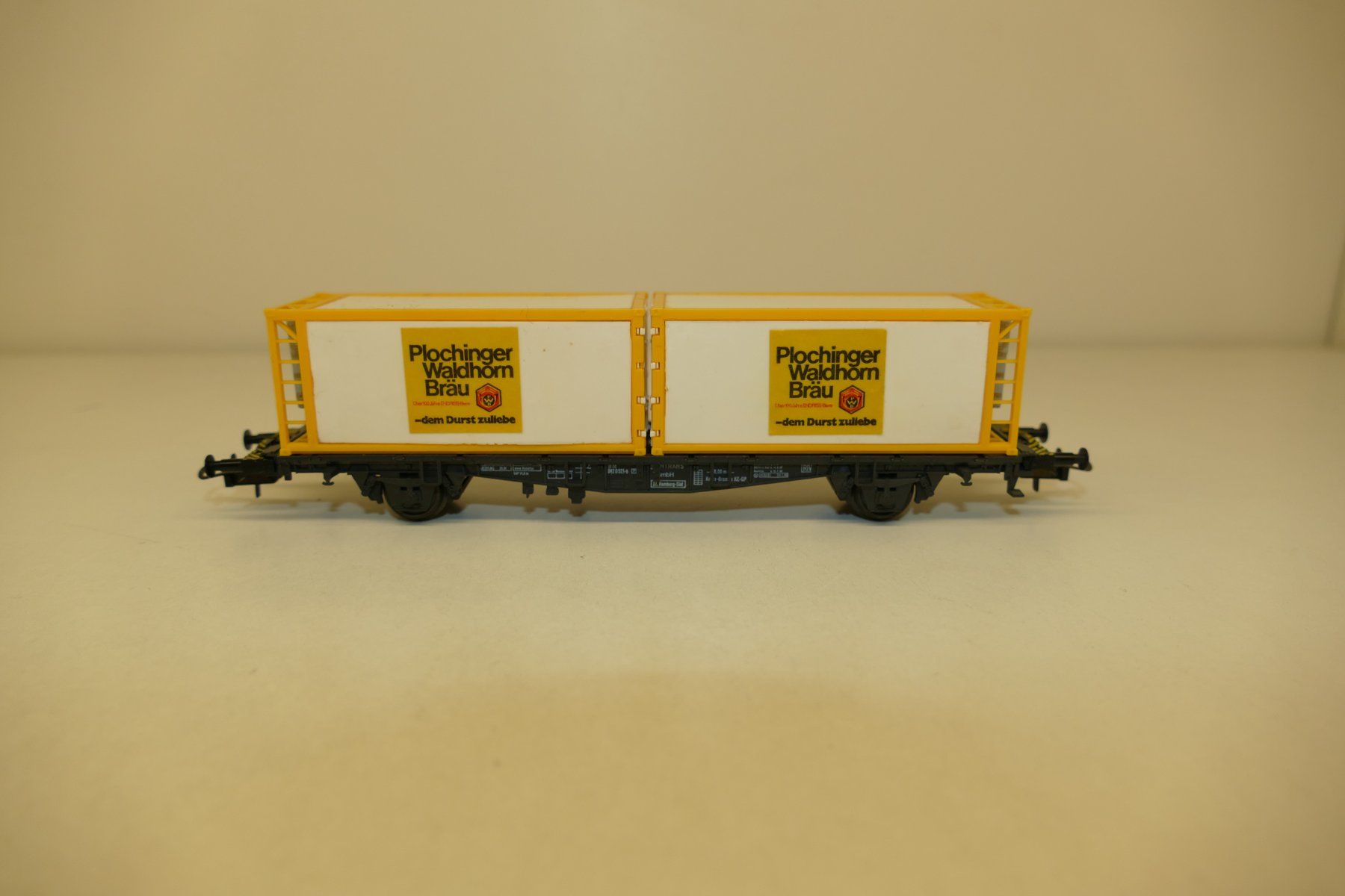 Modellini di ferrovie: Röwa H0: Containerwagen Plochinger Waldhorn Bräu – Nuovo (secondo la descrizione) da Niederhasli venduto da rail-duerst
