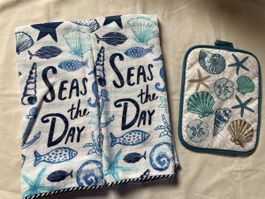 Seas the Day Kitchen 2x Towel 1x pot holder Set Summer Vibes