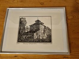 Turm/Pfäffikon SZ, Original Holzschnitt, gerahmt, 1983
