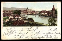 AK Solothurn, Stadtansicht an der Aare mit Brücke und Kirche