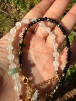 2er Set Armbänder aus Schwarzem Spinell und Bergkristall