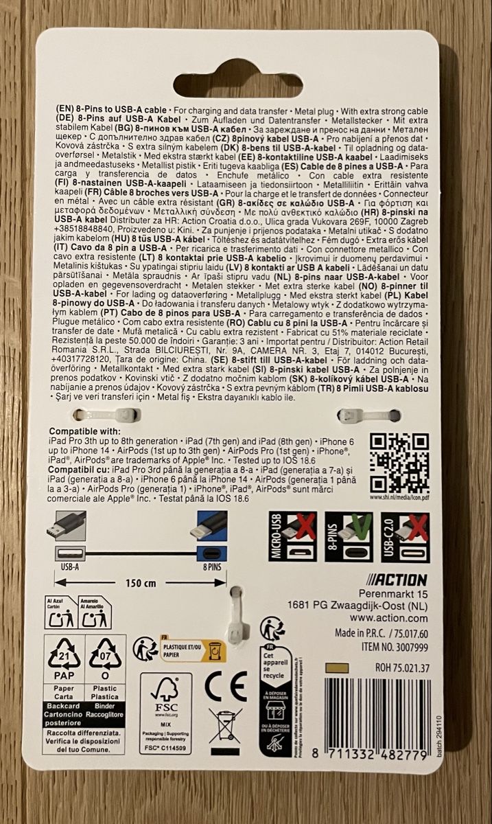 Cavi: Brand new 8-Pins USB 1.5m cable charging & data transfer – Nuovo e nell'imballaggio originale da Embrach venduto da lau_2gtp 1