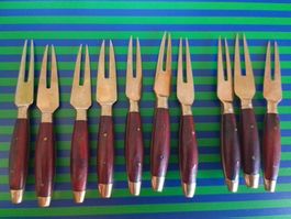 Vintage Apero Gabeln Sticks 10er Messing & Holz Mid-Century!