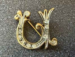 Vintage-Brosche mit Initiale U goldfarben mit Strass.