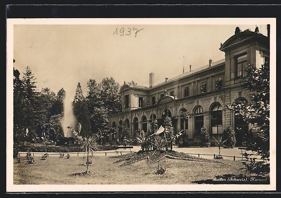 Cartoline postali: AK Baden, Kursaal mit Fontäne, 1937 – Usato da Berlin venduto da bartko-reher