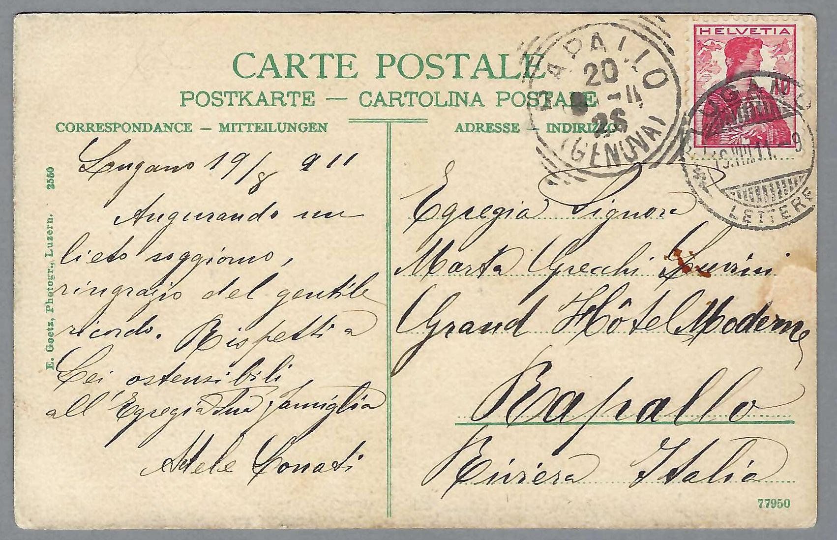 Ansichtskarten: LUGANO, POSTA E DILIGENZA/POSTBUREAU u. POSTKUTSCHE, 0 1911 – Gebraucht aus Pura von ulisse1957 1