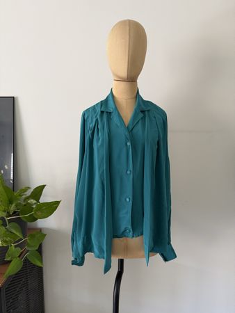 Vintage Bluse smaragdgrün Satin Look, Gr. M