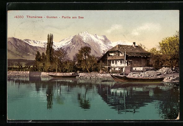 Cartoline postali: AK Gunten, Häuserpartie am Thunersee – Usato da Berlin venduto da bartko-reher