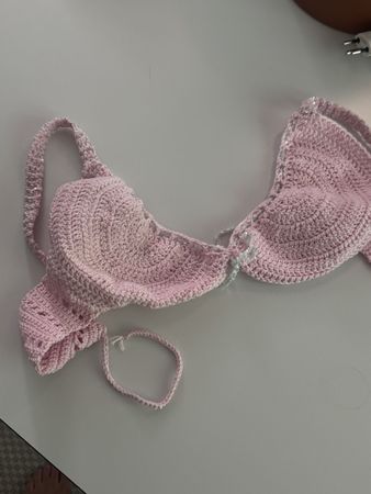 Handmade Pink Crochet Bikini Top with Sequins Size S