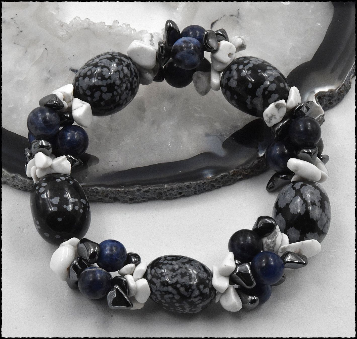 Bracciali & Braccialetti: Schneeflocken-Obsidian/Pyrit/Sodalith Stretch Armband 20cm – Nuovo e nell'imballaggio originale da Oberglatt ZH venduto da Goldfee1