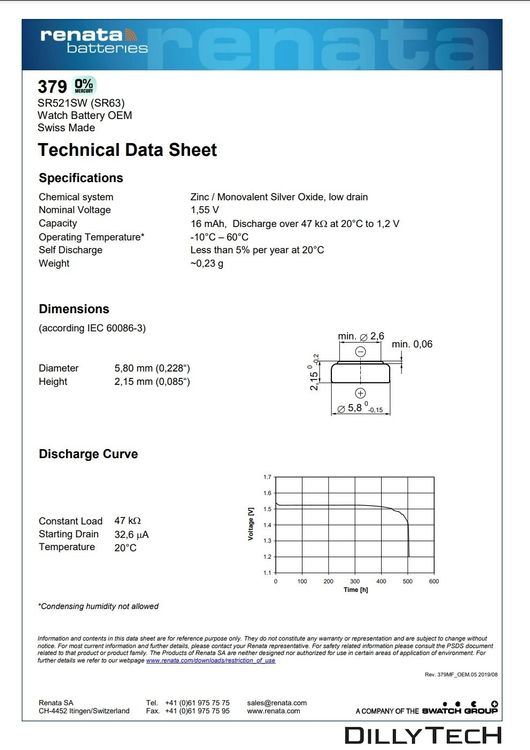Caricatori & Batterie: Renata 379 Box, SR521SW Knopfzellenbatterie - 3 Stk. – Nuovo e nell'imballaggio originale da Erlenbach ZH venduto da dillytech.ch 3