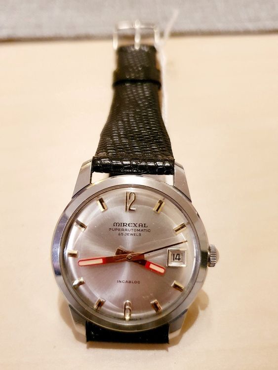 Montre Automatique Vintage Mirexal - Cadran Blanc, Bracelet Cuir Noir, Acier, Occasion