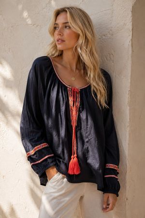 Bestickte Hippie Boho Bluse, Gr 34 (S)
