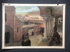 Vintage Schulwandbild, Otto Kälin, Mittelalterliches Kloster