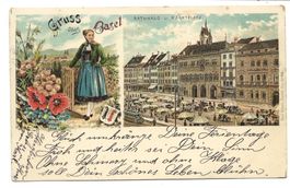 Gruss aus Basel (BS) Trachtenfrau - Rathaus - Litho um 1900