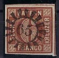 Altdeutschland 1850 Bayern 6 Kreuzer Mühlradstempel