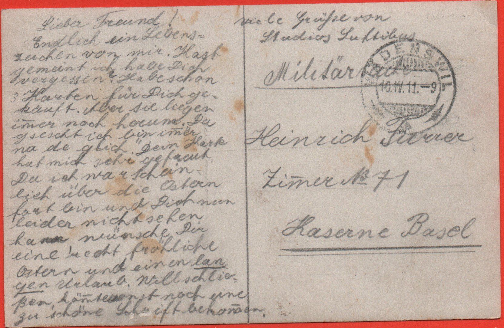 Cartoline postali: WÄDENSWIL gel. Feldpost 1911 – Usato da Jona venduto da philajona 1