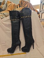 Overknee Leder Stiefel Schwarz Gold Nieten Gr. 37 High Heels