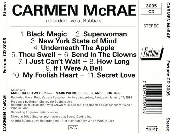 CDs: Carmen McRae – Recorded Live At Bubbas, CD, D18 – Gebraucht aus Sessa von discoverymedia 1