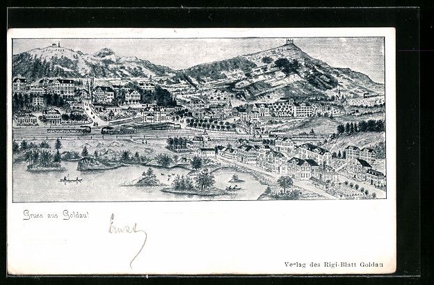 Cartoline postali: Goldau, Gruss mit Panorama des Ortes – Usato da Berlin venduto da bartko-reher