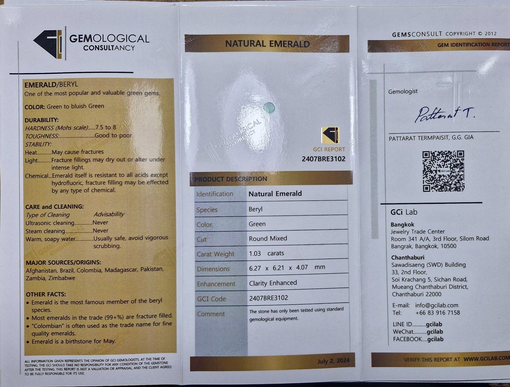 Edelsteine: Smaragd mit Zertifikat 1.03ct. – Neu und originalverpackt aus Zürich von GOS08 1