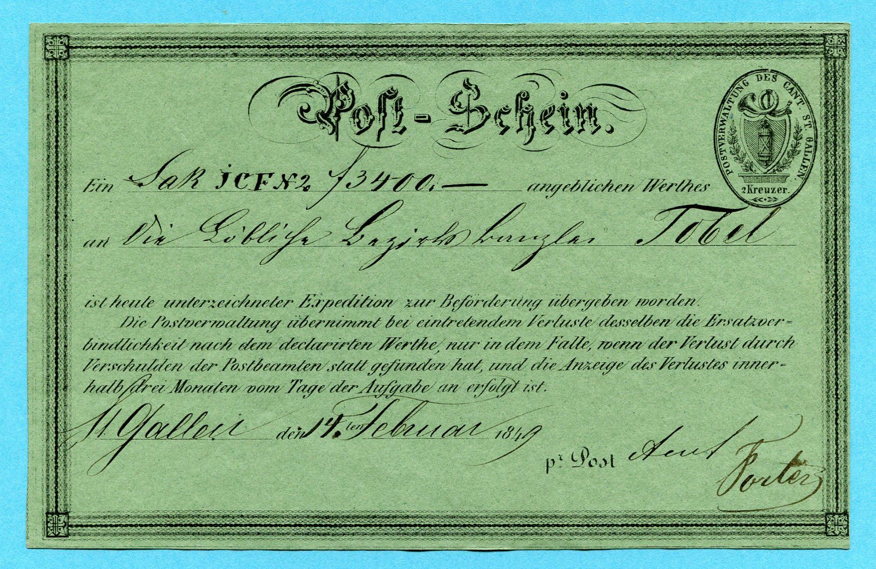 Tutti i francobolli: Post - Schein St. Gallen 1849 grün – Usato da Opfikon venduto da Prophila