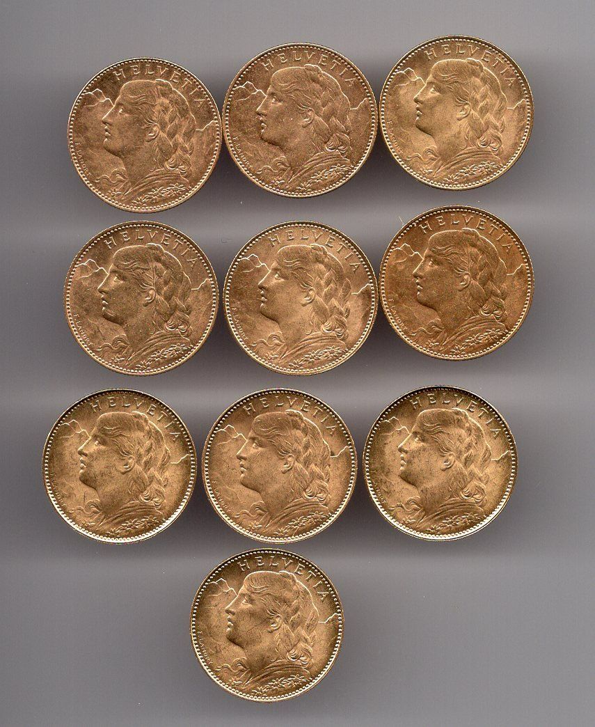 Tutti le monete: 10 x 10 Franken Vreneli, top stgl Gold – Usato da Rüthi (Rheintal) venduto da erdnuessli1