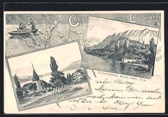 Cartoline postali: Leissigen, Ortsansicht mit Bergpanorama – Usato da Berlin venduto da bartko-reher