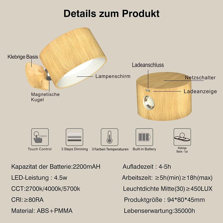 Wandlampe Mit Akku & Fernbedienung - Dimmbar 3 Farbtemperaturen | 360° Drehbar
