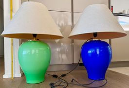 2 Designlampen mit italienischem Glasfuss Blau/Grün