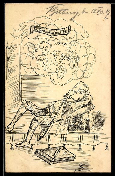 Cartoline postali: Handgemalt: Student versinkt in seine Ge – Usato da Berlin venduto da bartko-reher