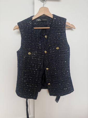 ZARA tweed Weste dunkelblau mit Pailletten Grösse XS neu 