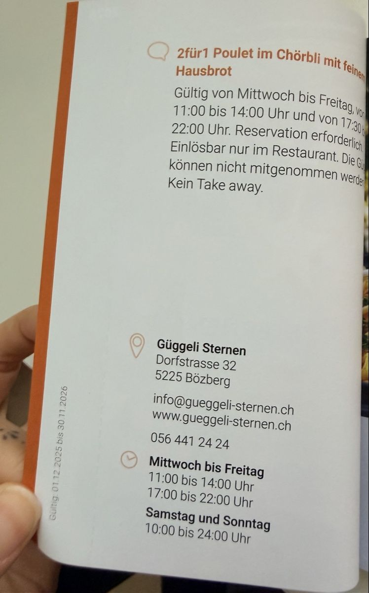 Buoni: Restaurant Güggeli Sternen 2für1 Gutschein – Nuovo (secondo la descrizione) da Oberwil-Lieli venduto da moderngirl 1