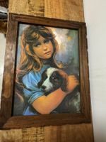Wandbild  Gemälde Mädchen mit Hund im Holzrahmen